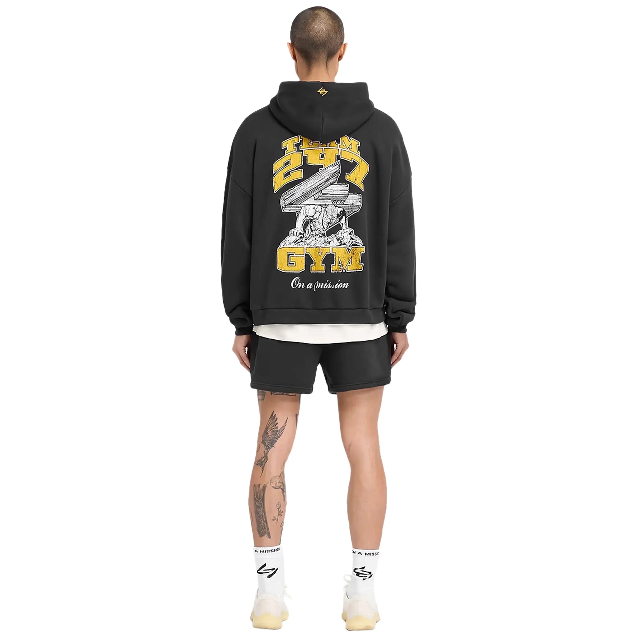 Model Back view of Represent 247 On His Shoulders Boxy Off Black Hoodie 247M475-171